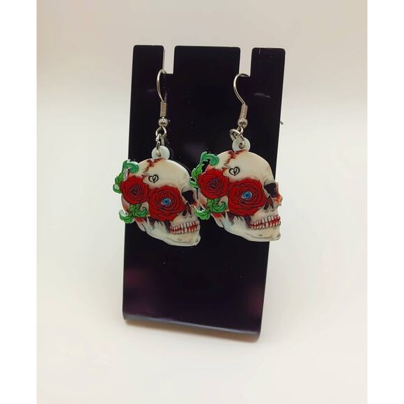 Acrylic Skull Earrings with Red Roses Double-Sided Design Stainless Steel Hooks - Picture 2 of 3